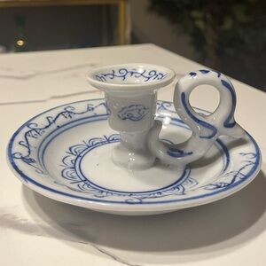 Vintage Ming Dynasty Inspired Glazed Porcelain Chinoiserie Finger Candle Holder